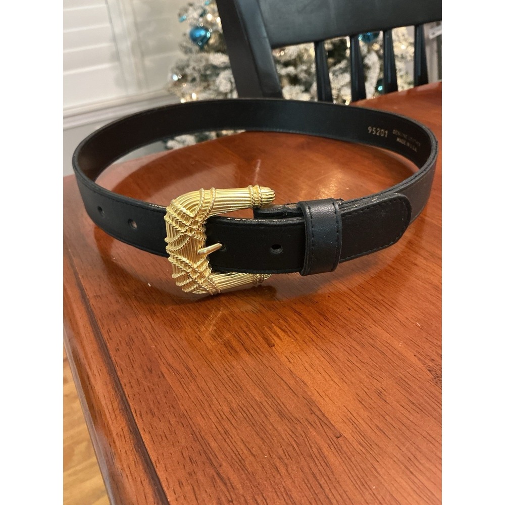 Women's Black Leather Belt w Heavy Gold Buckle Made In USA Small